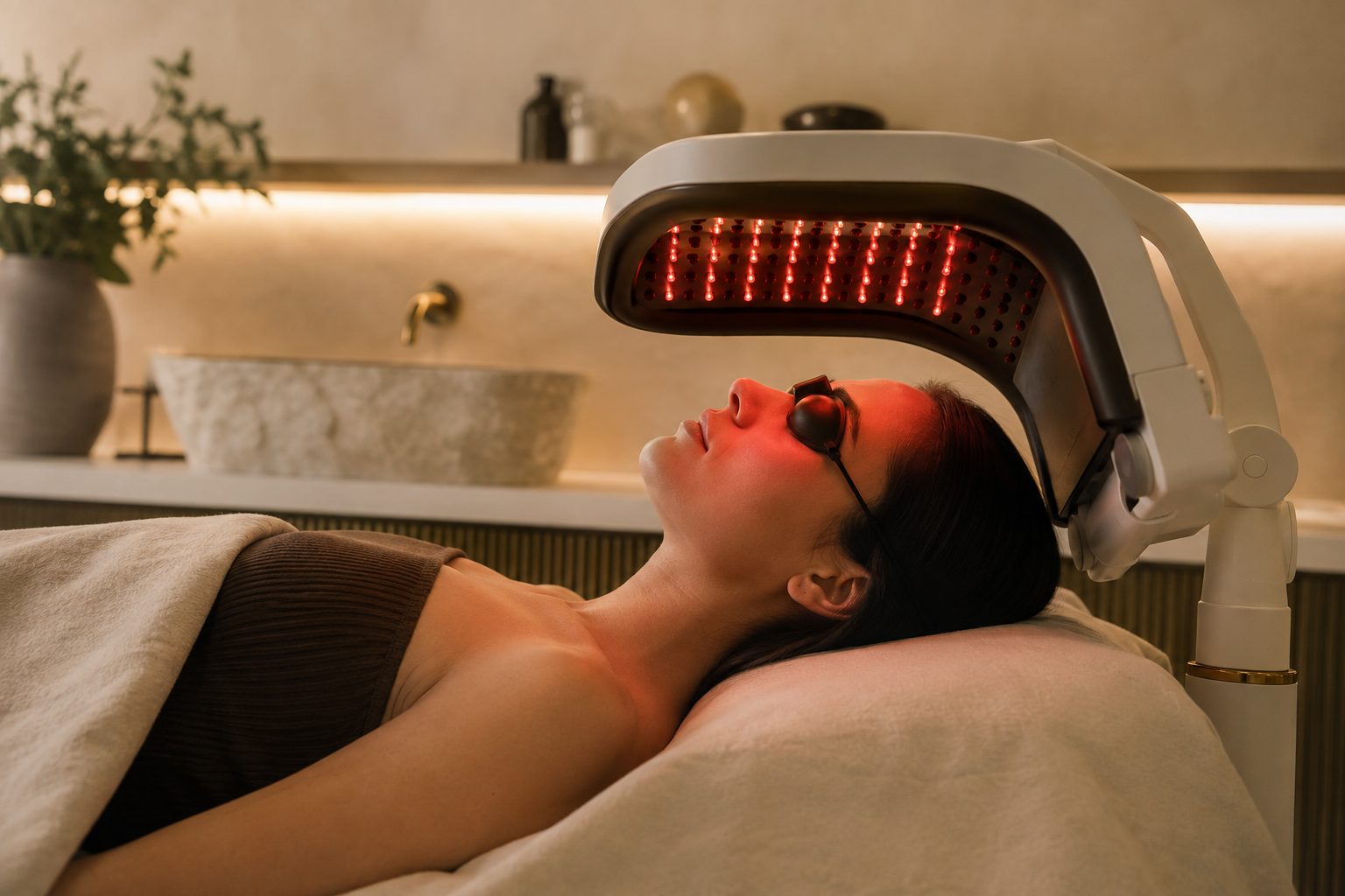 Client resting under an LED light therapy device