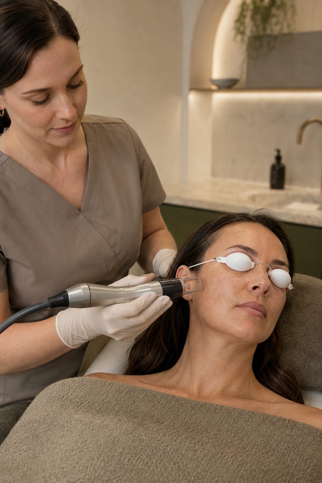Pico laser handpiece being applied to a client's cheek