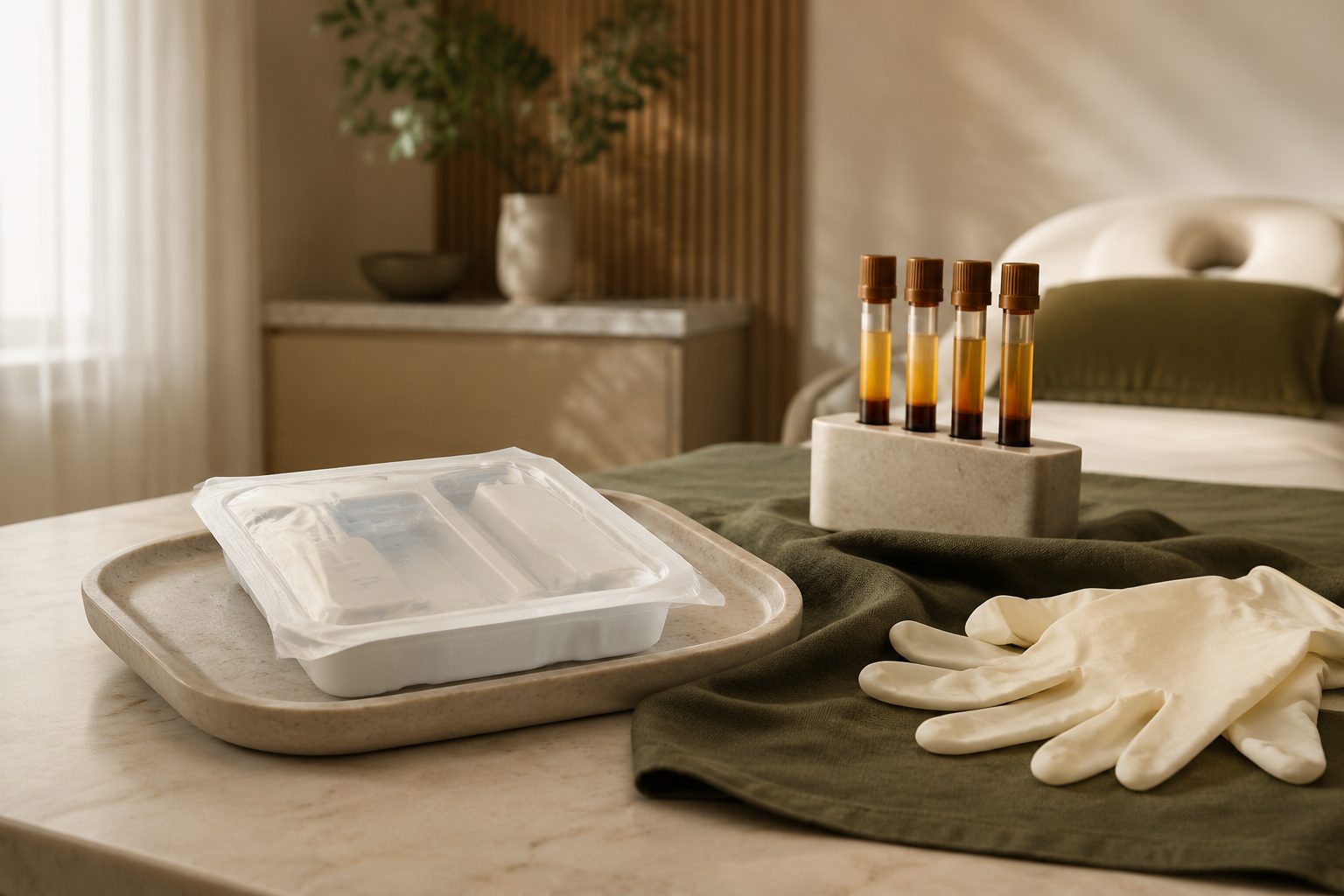 Sterile tray and prepared tubes on a treatment room bench