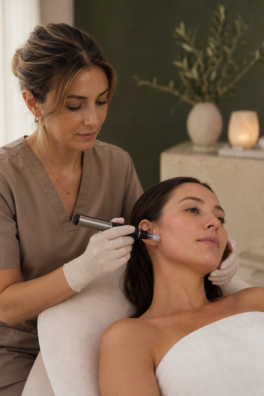 Skin needling device being used on a client's face in a treatment room